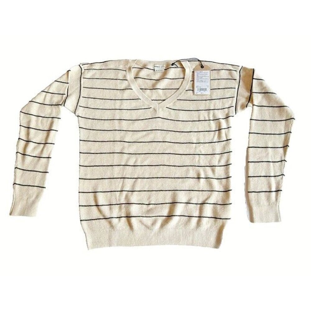 Wom M Prana Milani V Neck Oatmeal Stripe Basic Light Weight Long‎ Sleeve Sweater